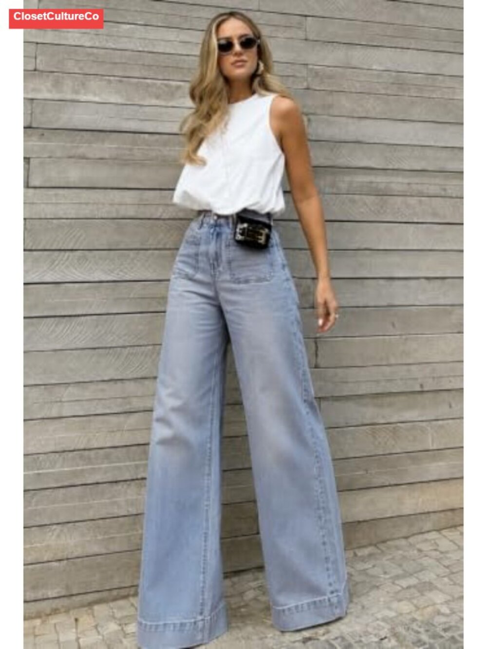 Women's High Waisted Wide Leg Jeans Stretch Denim Retro Patch Pockets - Picture 3 of 6